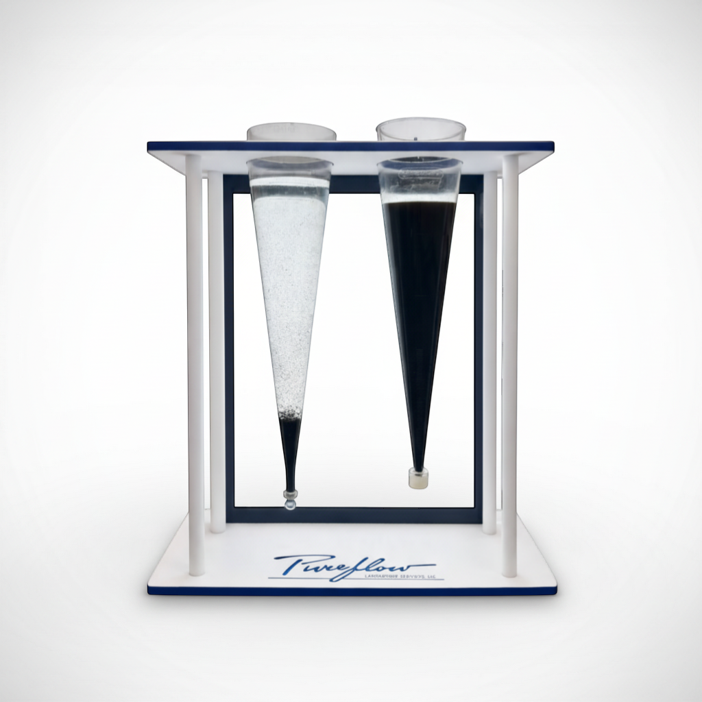 Pureflow backlit Imhoff cone rack holding two 1000mL cones, one with clear water and sediment, the other with dark water. White and blue polypropylene construction.