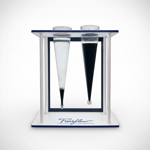 Pureflow backlit Imhoff cone rack holding two 1000mL cones, one with clear water and sediment, the other with dark water. White and blue polypropylene construction.