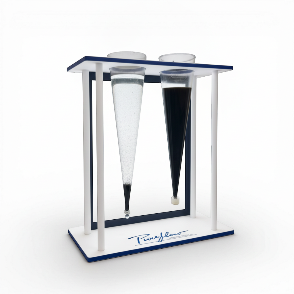 Pureflow backlit Imhoff cone rack holding two 1000mL cones, one with clear water and sediment, one with dark water and sediment. White and blue polypropylene construction.