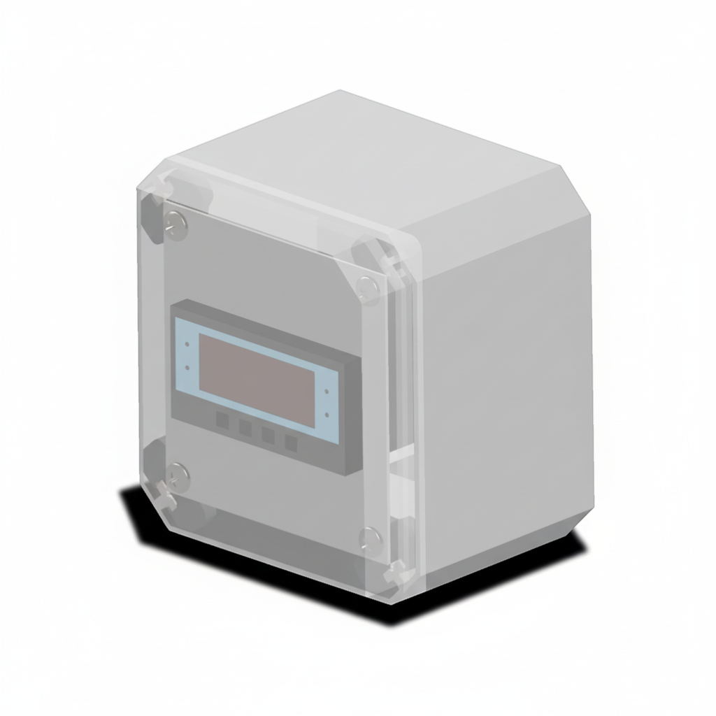 Pureflow Off-the-Shelf Catalog grey enclosure with clear front panel for hygrometer display, featuring four buttons.