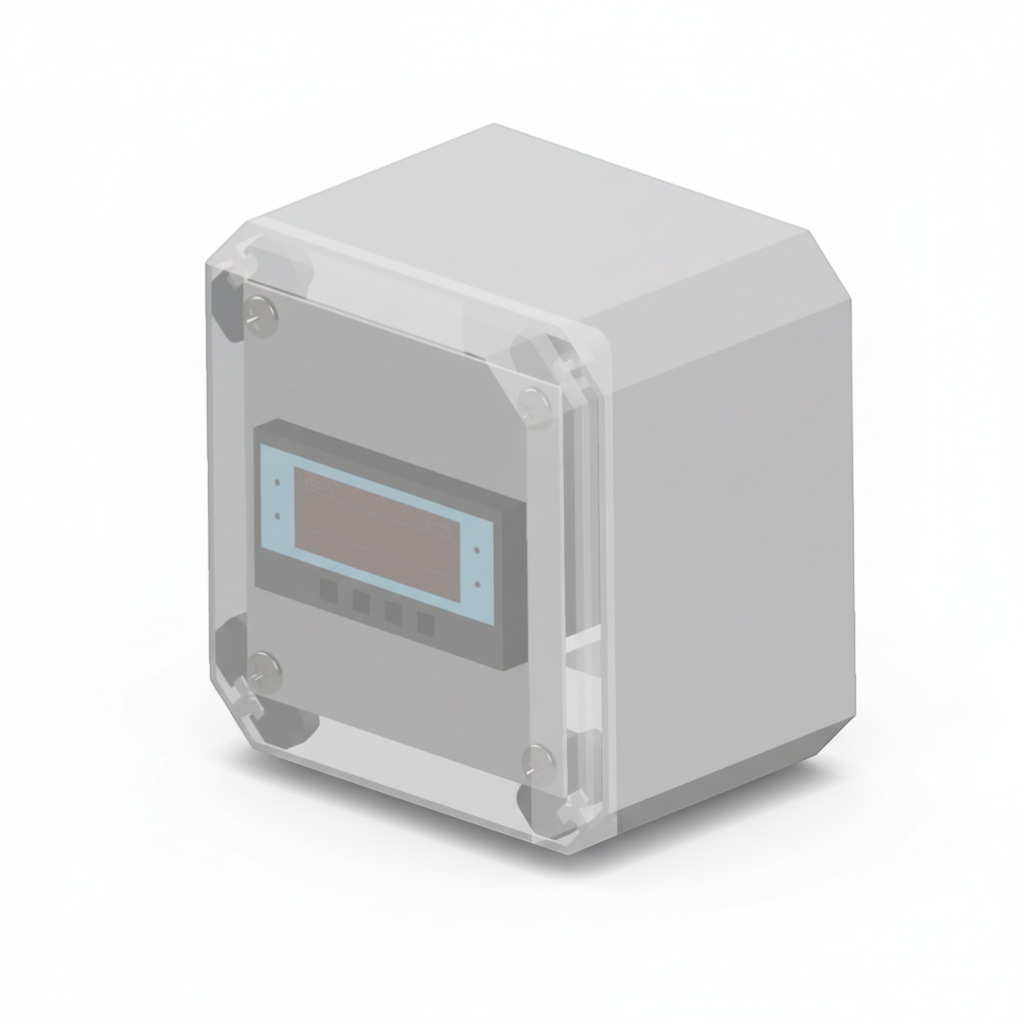 Pureflow Off-the-Shelf Catalog grey hygrometer display enclosure with clear protective cover and digital screen.