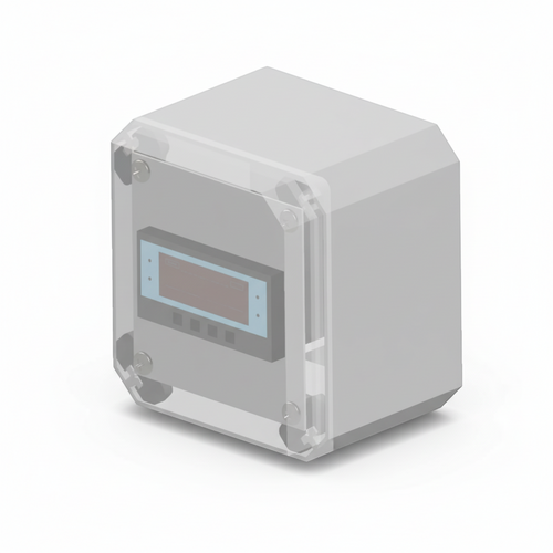 Pureflow Off-the-Shelf Catalog grey hygrometer display enclosure with clear protective cover and digital screen.