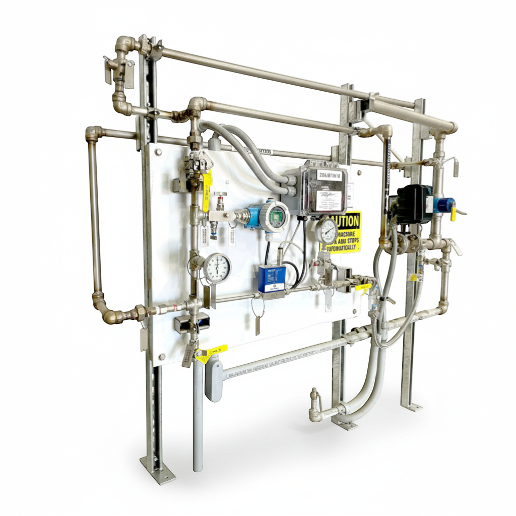 Pureflow Off-the-Shelf Catalog LOX Booster System with pressure gauges, flow meters, and stainless steel piping.