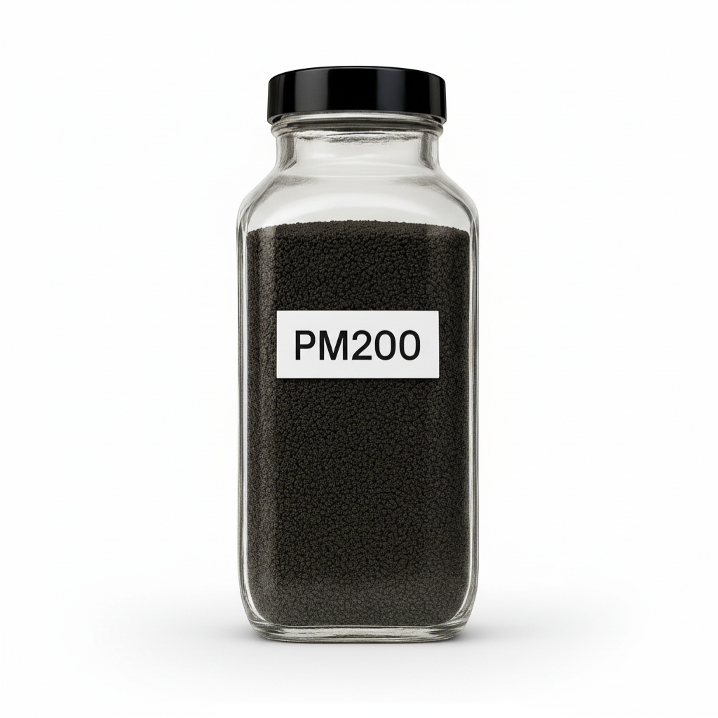 Pureflow PM-200 filter media in a glass jar. Dark granular media for water filtration.